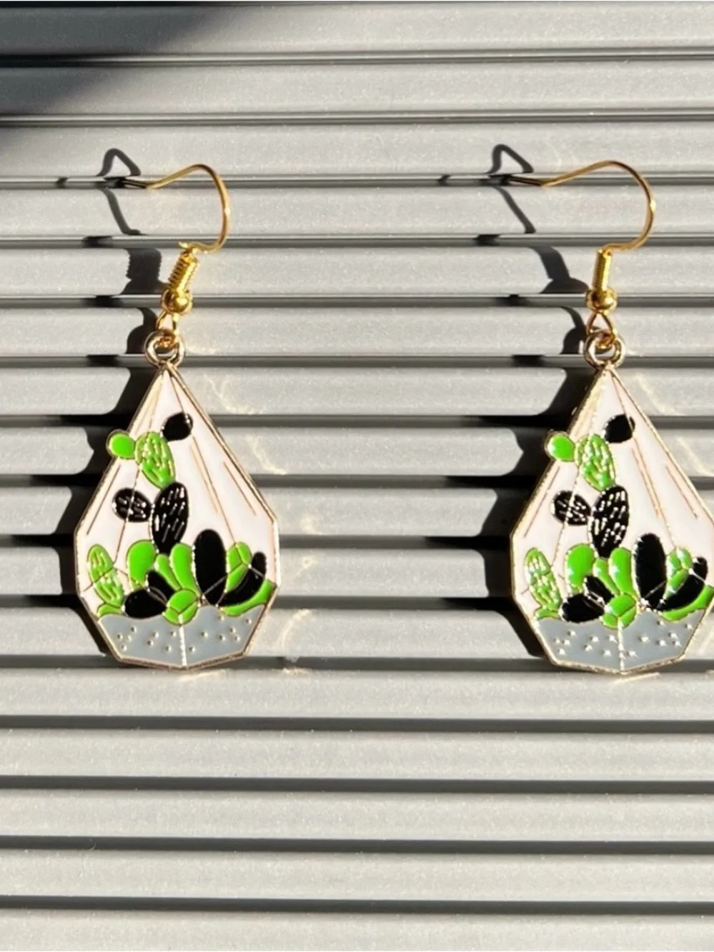 Gold Green Cactus Terrarium Drop Earrings